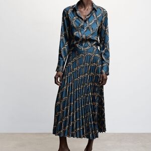 Mango Set Shirt & Pleated Skirt geometric Lagoon Blue sz S, L, XL.BNWT